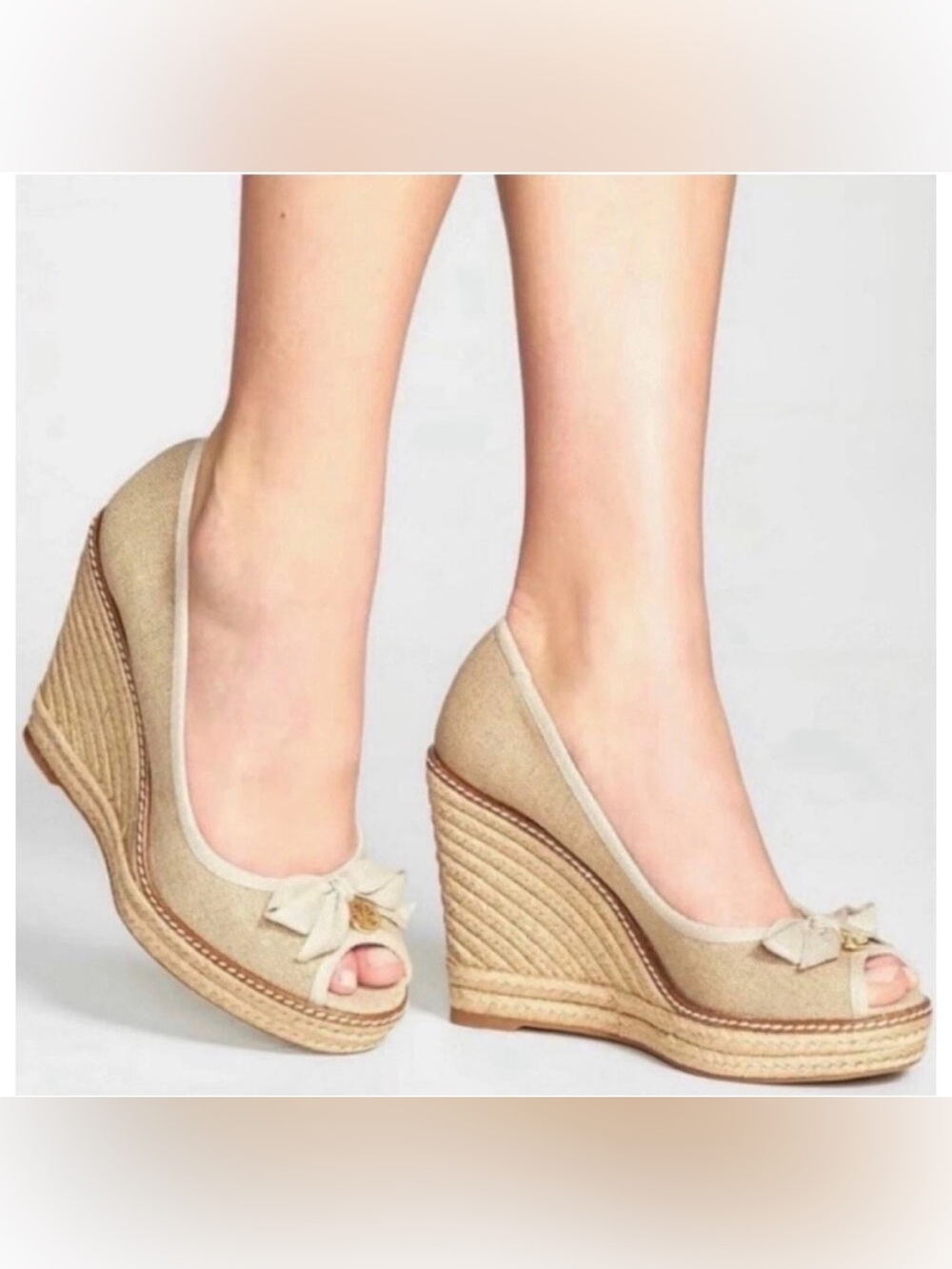 Tory Burch Jackie Espadrille Peep Toe Wedge Shoes Women 8 Tan Linen Beige Canvas